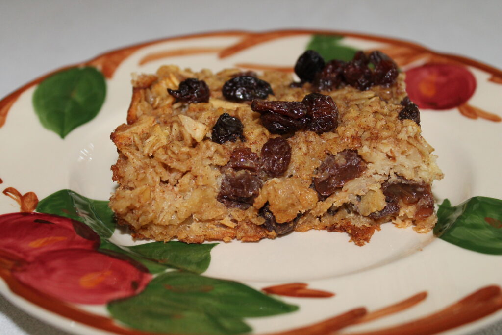 baked oatmeal with raisins, apples, and maple syrup